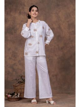 sencei - White Embroidered Linen Blend Co Ord Set