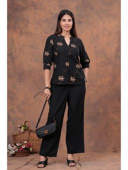 sencei - Black Embroidered Linen Blend Co Ord Set