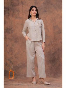 sencei - Embroidery Collared Neck Long Sleeve Co Ords Set