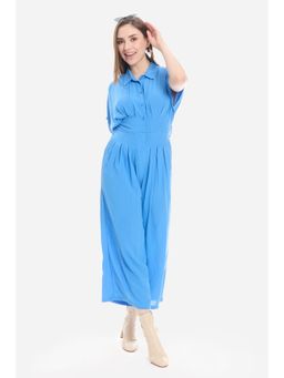 Virgio - Womens Blue Solid Viscose Pleated Shirt Jumpsuit