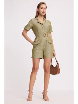 Virgio - Womens Green Solid Cotton Belted Playsuit with Belt