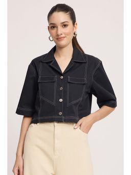 Virgio - Womens Solid Cotton Contrast Stitch Crop Shacket