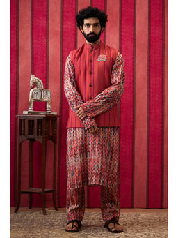 Soup by Sougat Paul - Adah Printed Bundi With Kurta & Pant (Set of 3)