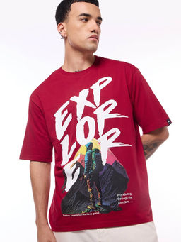 Bewakoof - Men's Red Explorer Graphic Printed Oversized T-shirt