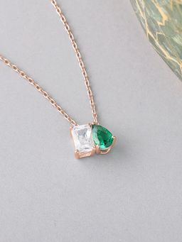 Ornate Jewels - 925 Silver 18K Rose Gold Plated Green Emerald Pendant With Chain for Women & Girls