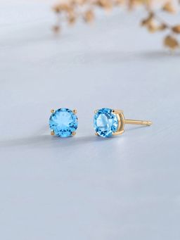 Ornate Jewels - 925 Silver 18K Gold Plated Round 1 Carat Blue Topaz Stud Earring Women & Girls