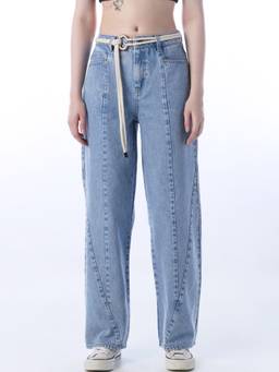 ONLY - Women Solid Straight Fit Blue Jeans with Belt