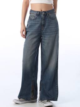 ONLY - Women Solid Wide Leg Blue Jeans