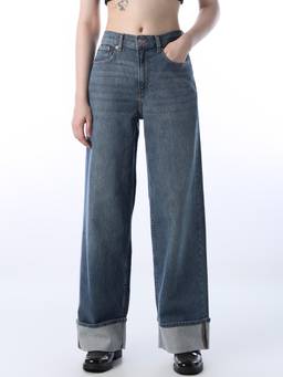 ONLY - Women Solid Wide Leg Blue Jeans