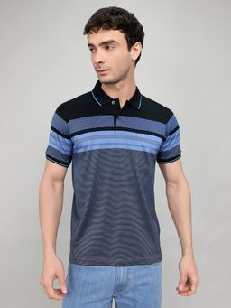 Monte Carlo - Mens Blue Stripe Regular Fit Half Sleeve Polo T-Shirt