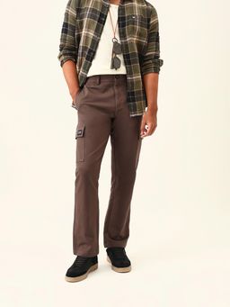 The Bear House - Men Brown Cotton Solid Straight Fit Cargo