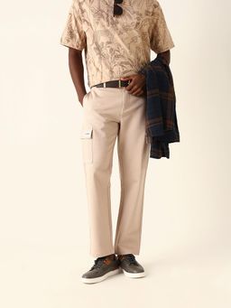 The Bear House - Men Cream Cotton Solid Straight Fit Cargo