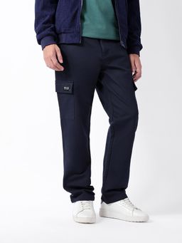 The Bear House - Men Navy Blue Cotton Solid Straight Fit Cargo