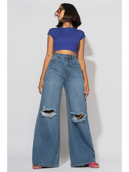 FREAKINS - Blue Distressed Wide Flare Jeans