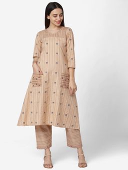 Shaily - Women Brown Striped Regular Thread Work Kurta With Trousers (set Of 2)