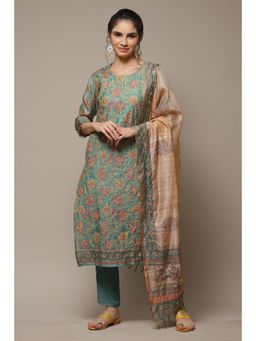 Biba - Teal Linen Unstitched Suit (Set of 3)