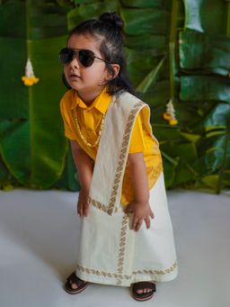 TIBER TABER - Boys 3 Pcs Mundu Dhoti Shirt - Yellow (Set of 3)