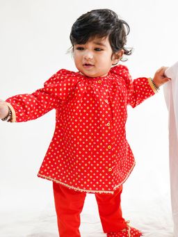 TIBER TABER - Baby Girl Bandhani Printed Jhabla - Red (Set of 2)