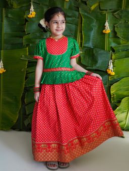 TIBER TABER - Girl Bandhani Pattu Pavdai - Green