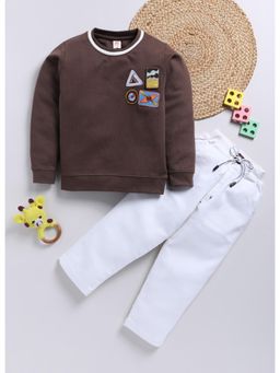 Toonyport - Boys Brown and White Printed Full Sleeves T-Shirt with Pant (Set of 2)