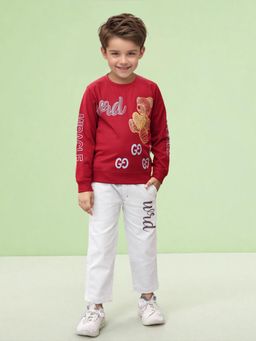 Toonyport - Boys Red and White Printed Full Sleeves T-Shirt with Pant (Set of 2)
