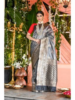 Beatitude - Grey Shade Soft Silk Banarasi Woven Saree with Unstitched Blouse