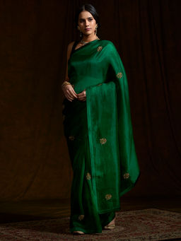 WeaverStory - Green Organza Silk Saree With Unstitched Blouse