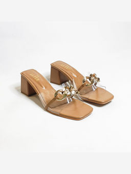 THE ALTER - Clear Nude Gold Chained Block Heels