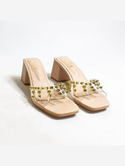 THE ALTER - Clear Beige Studded Block Heels