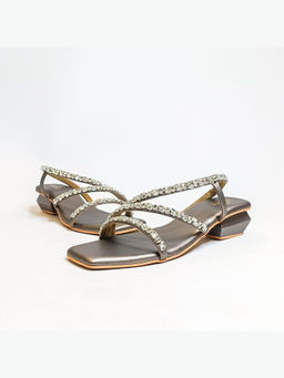 THE ALTER - Kiara Grey T shaped Embellished Block Heels