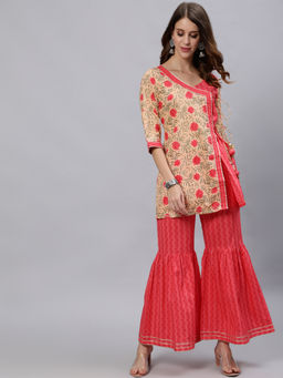 Jaipur Kurti - A Line Short Printed Angrakha Pattern Kurti with Cotton Sharara (Set of 2)