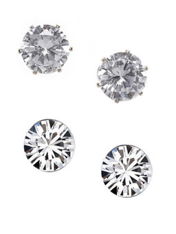 OOMPH - Silver Tone Tiny Round Cubic Zirconia Ear Stud Earrings (Set of 2)