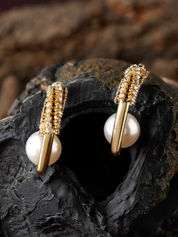 E2O - Quirky Golden With White Pearl Embellished Round Shaped Half hoop Earring Women
