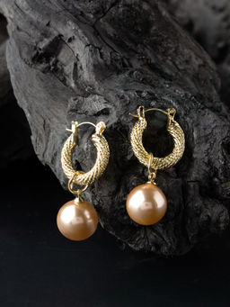 E2O - Contemporary Golden Peral Embellished Drop In Heart Shaped Stud Earring For Women