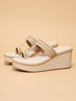 ERIDANI - Women Taara Off White Braided Strap Wedges Heels