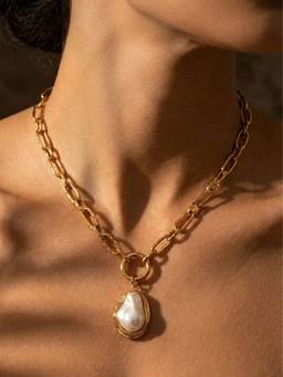 AQUASTREET - O-Link Chain Pearl Drop Necklace Anti-Tarnish Waterproof 18K Gold Plated