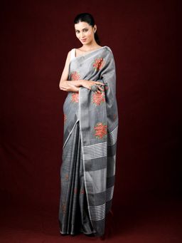 EXCLUSIVA - Grey Linen Saree Embroidery and Thread Work with Unstitched Blouse