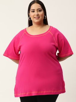 theRebelinme - Plus Size Women Fuchsia Color Cotton Solid T-Shirt