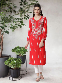 PARAMOUNT CHIKAN - Women Hand Embroidered Lucknowi Chikankari Red and White Rayon Kurta