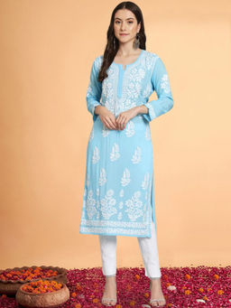 PARAMOUNT CHIKAN - Women Hand Embroidered Lucknowi Chikankari Blue Modal Kurta
