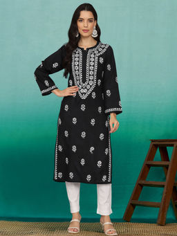 PARAMOUNT CHIKAN - Women Hand Embroidered Lucknowi Chikankari Cotton Ethnic Motifs Black Kurta