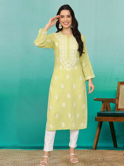 PARAMOUNT CHIKAN - Women Hand Embroidered Lucknowi Chikankari Cotton Ethnic Motifs Green Kurta