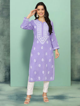 PARAMOUNT CHIKAN - Women Hand Embroidered Lucknowi Chikankari Cotton Ethnic Motifs Mauve Kurta