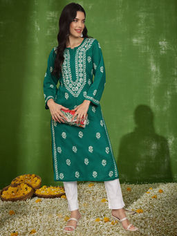 PARAMOUNT CHIKAN - Women Hand Lucknowi Chikankari Cotton Rama Green Kurta