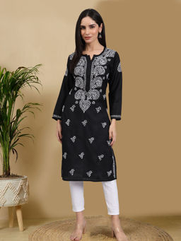PARAMOUNT CHIKAN - Women Hand Embroidered Lucknowi Chikankari Black Cotton Kurta