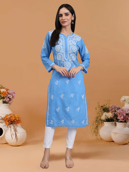 PARAMOUNT CHIKAN - Women Hand Embroidered Lucknowi Chikankari Blue Cotton Kurta