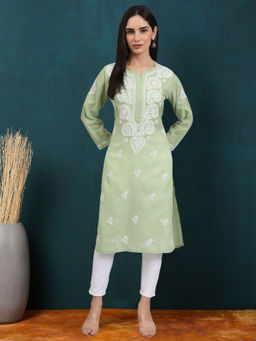 PARAMOUNT CHIKAN - Women Hand Embroidered Lucknowi Chikankari Green Cotton Kurta