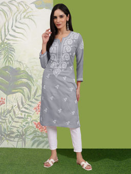 PARAMOUNT CHIKAN - Women Hand Embroidered Lucknowi Chikankari Grey Cotton Kurta
