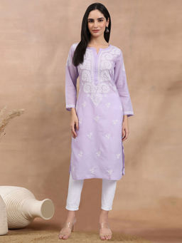 PARAMOUNT CHIKAN - Women Hand Embroidered Lucknowi Chikankari Mauve Cotton Kurta