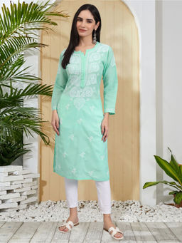 PARAMOUNT CHIKAN - Women Hand Embroidered Lucknowi Chikankari Sea Green Cotton Kurta